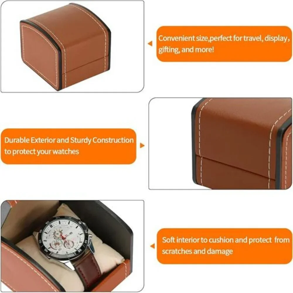 Single Watch Box PU Leather Case with Pillow Jewelry Display Storage Brown